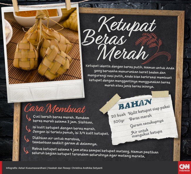 Ketupat adalah makanan yang tak boleh terlupakan saat Lebaran tiba. Tapi Anda bisa berkreasi dengan mengganti beras putih menjadi beras merah agar lebih sehat.