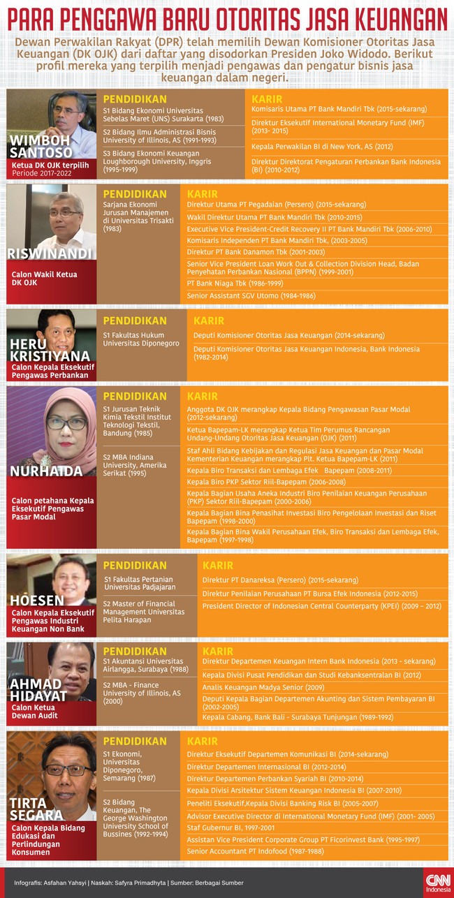 Komisi XI DPR telah memutuskan Wimboh Santoso sebagai Ketua DK OJK bersama enam anggotanya untuk periode 2017-2022.