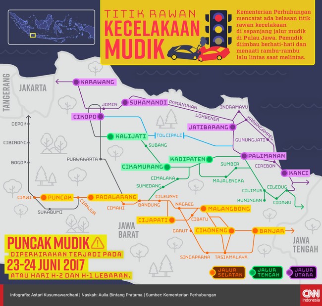 Kementerian Perhubungan menyatakan ada belasan titik rawan kecelakaan mudik 2017 di Jalur Utara, Jalur Tengah dan Jalur Selatan Pulau Jawa.