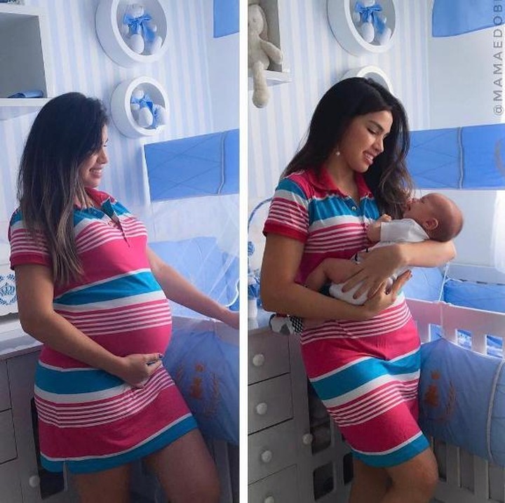 Sama-sama berdua di dapur. Bedanya, foto kiri ketika si kecil masih di dalam perut dan foto kanan, ketika si kecil sudah lahir. (Foto: Instagram/ @mamaedobiel via @baby)
