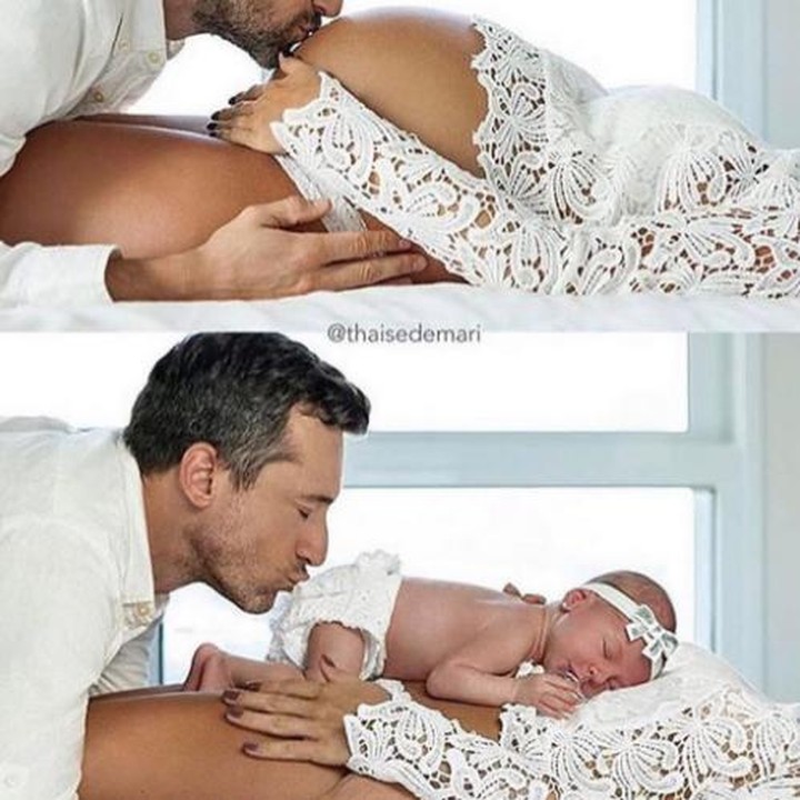 Saat si kecil di dalam perut, ayah mencium perut bunda. Setelah si kecil lahir, fokusnya jadi teralih ya Yah? (Foto: Instagram/ @thaisedemari via @baby)