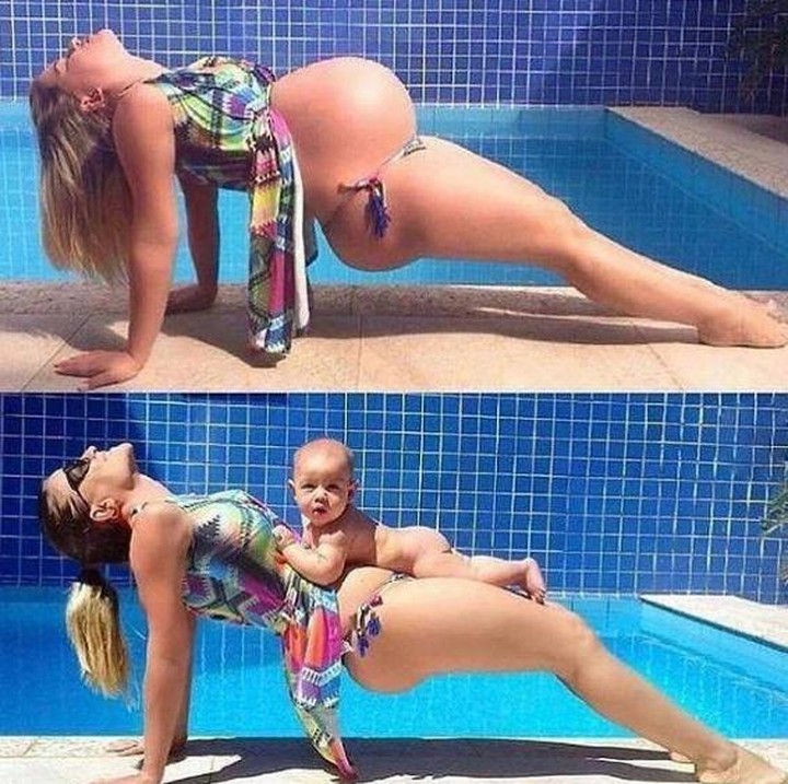 Saat si kecil masih 'bersembunyi' di dalam perut dan setelah dia lahir, kemudian berpose di atas perut sang Bunda. Lucunya! (Foto: Instagram/@baby)