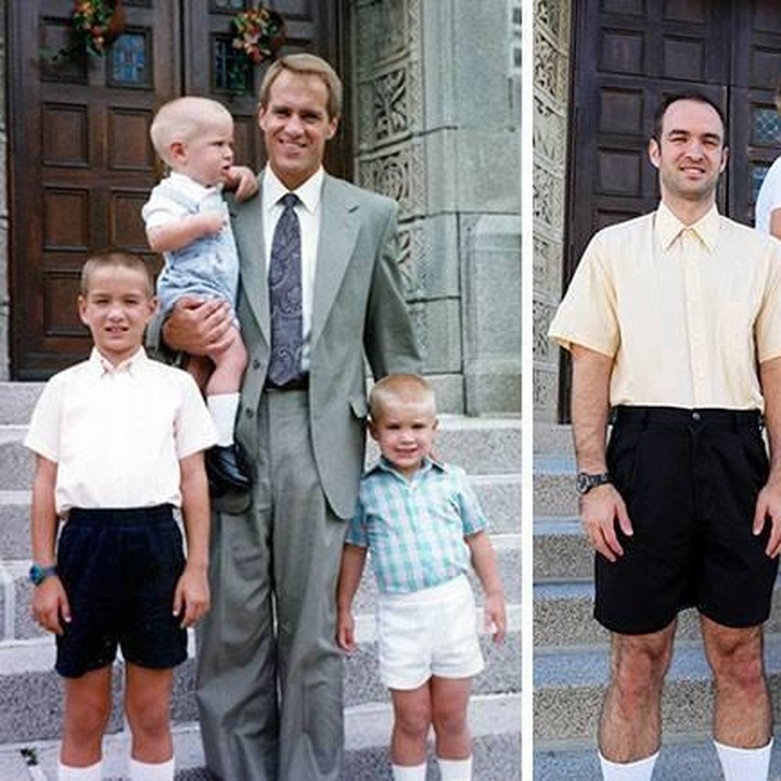 <p>Aih, kompaknya. Dengan warna baju yang hampir sama, ayah juga berusaha keras lho untuk menggendong anaknya agar terlihat sama dengan foto waktu dulu. (Foto: Facebook/ Going Viral)</p>