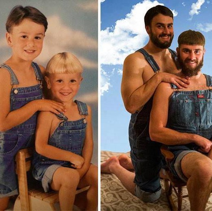 <p>Mereka niat banget ya, sampai memikirkan background yang sama dan pakaian yang serupa untuk menirukan foto kecilnya. (Foto: Facebook/ Going Viral)</p>