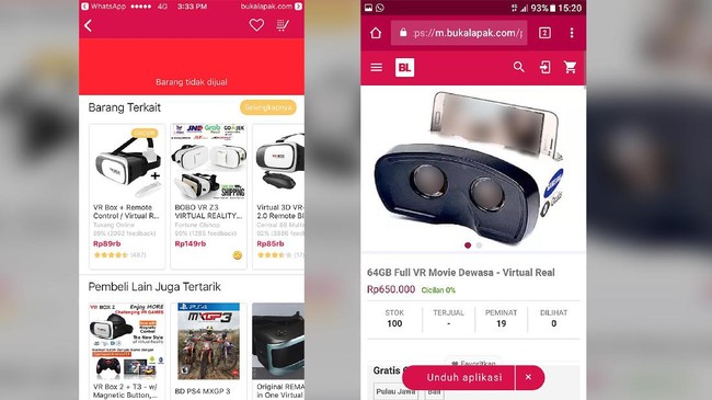 Seorang penjual online menjajakan layanan VR dengan konten pornografi di layanan e-commerce terkemuka, Bukalapak.