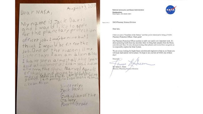 Seorang bocah kelas empat menulis surat lamaran ke NASA. Surat ini dikirim setelah NASA membuka lowongan pekerjaan sebagai pelindung planet.