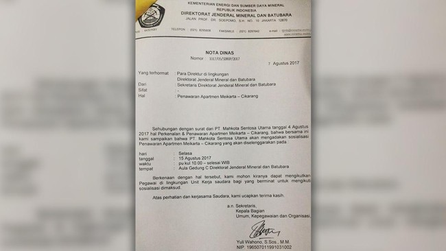 Sebelumnya beredar foto Nota Dinas Kepala Bagian Umum terkait sosialisasi penawaran unit Apartemen Meikarta di Kementerian ESDM.