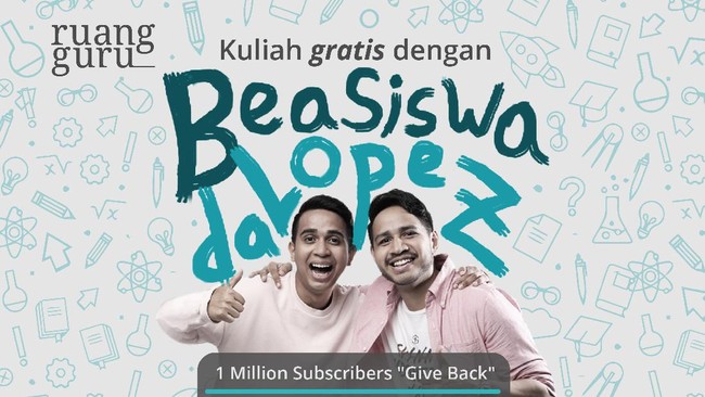 Youtuber Skinnyindonesian24 merayakan raihan 1 juta subscriber dengan memberikan hadiah beasiswa sampai lulus S1 untuk 2 siswa SMA. Ayo daftarkan dirimu.