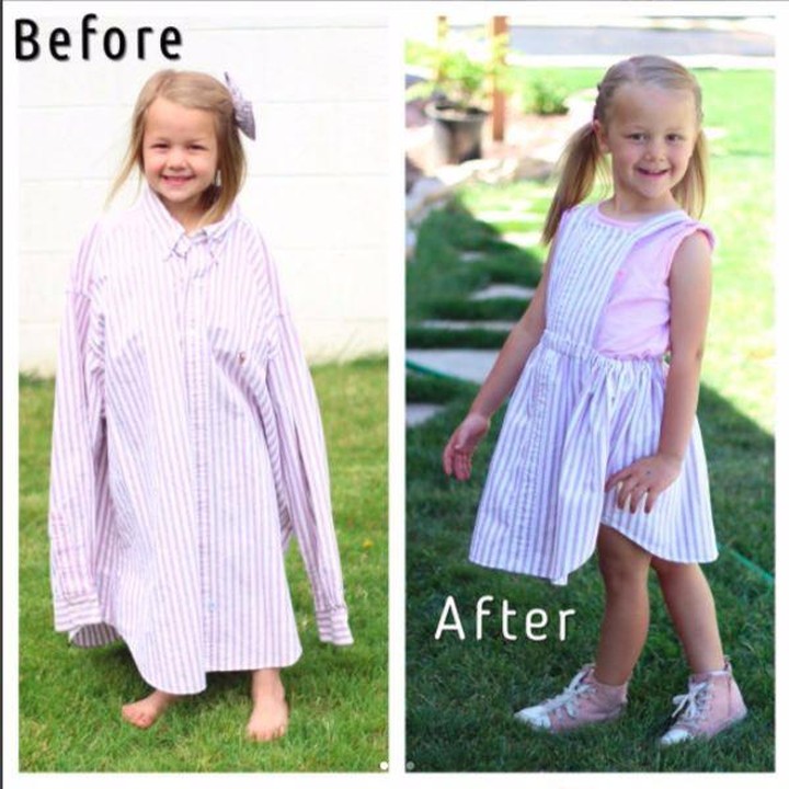 <p>Kata Stephanie, bikin baju anak dari kemeja bekas itu cepat dan perubahannya sangat drastis. Itu menyenangkan banget. (Foto: Instagram/ @mothermakesx4)</p>