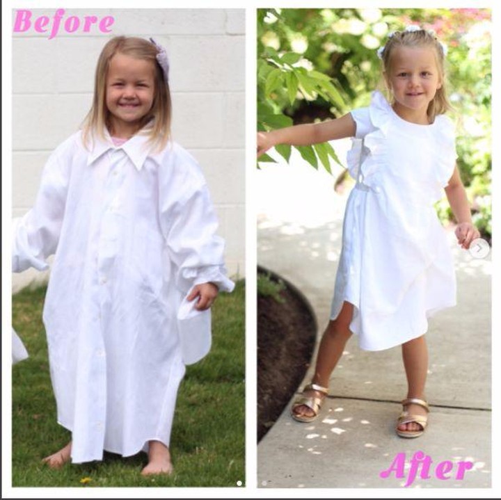 <p>Gimana dengan dress putih ini, Bun? Nggak kelihatan dibuat dari kemeja bekas ya? (Foto: Instagram/  @mothermakesx4)</p>