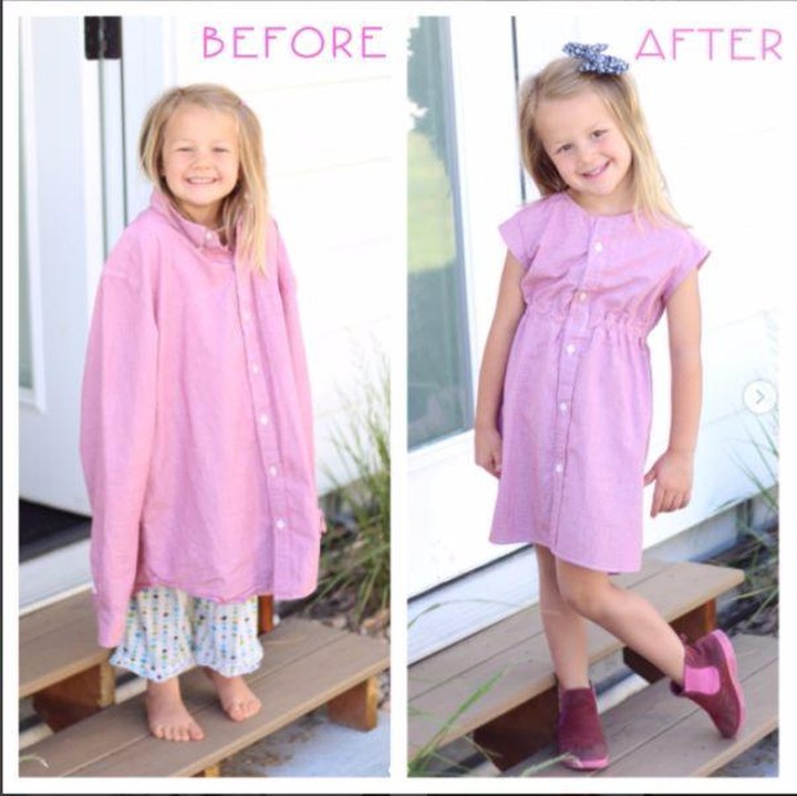 <p>Kemeja suami yang sudah kekecilan bisa disulap jadi dress anak yang cantik. (Foto: Instagram/  @mothermakesx4)</p>