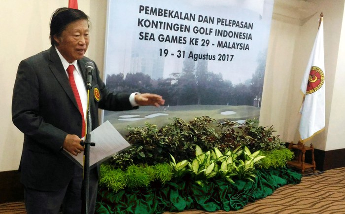 Pengurus Besar Persatuan Golf Indonesia (PB PGI) melepas kontingen golf Indonesia ke SEA Games 2017 Malaysia. Pelepasan dipimpin Ketua Umum PB PGI Murdaya Poo.