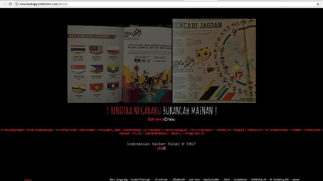 Peretas asal Indonesia melakukan deface terhadap situs Malaysia, setelah insiden terbaliknya bendera Indonesia di buku suvenir pembukaan SEA Games.