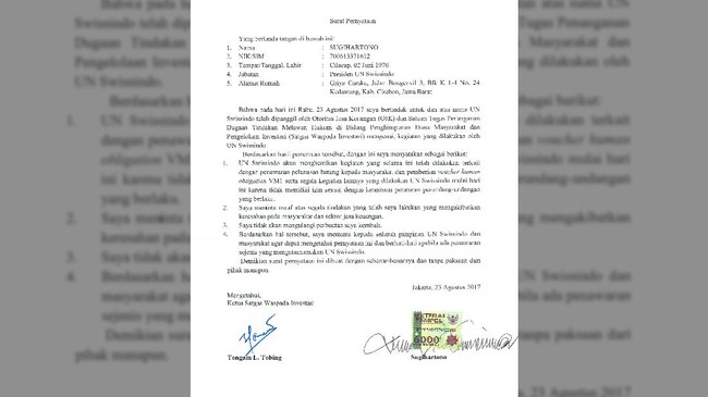 UN Swissindo selama ini mengaku sebagai lembaga dunia yang bisa mengeluarkan surat pelunasan utang masyarakat kepada lembaga jasa keuangan.