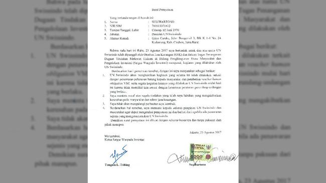 Bos UN Swissindo Minta Maaf dan Hentikan Kegiatan UN Swissindo selama ini mengaku sebagai lembaga dunia yang bisa mengeluarkan surat pelunasan utang masyarakat kepada lembaga jasa keuangan.