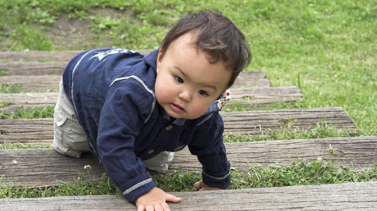 Usianya 8 bulan, tapi bayi ini semangat banget, Bun belajar menaiki tangga. Ayo, Nak, semangat!
