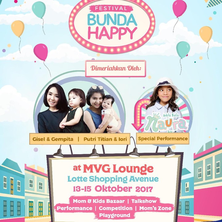 <p>Gempi dan bundanya, Gisella, ingin menyapa langsung Bunda dan si kecil nih. Karena itu Jangan lewatkan ya, Festival Bunda Happy pada 13-15 Oktober 2017di Lotte Shopping Avenue, Jakarta Selatan. Ada banyak kegiatan menarik dan bazaar kebutuhan ibu dan anak yang sayang banget dilewatkan penawaran menariknya.<br /><br /></p>