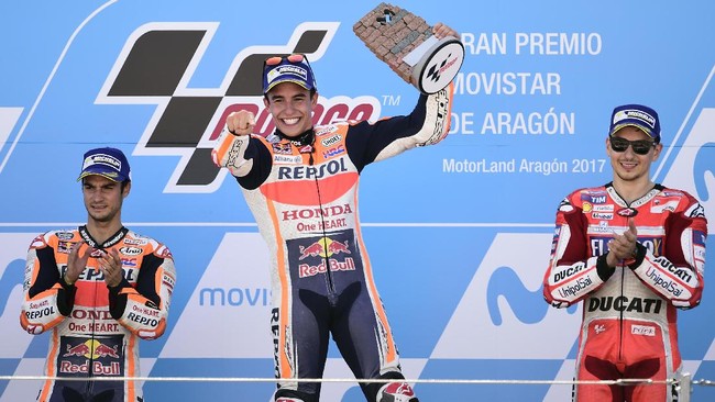 Kemenangan di MotoGP Aragon, Minggu (24/9), membuat pebalap Repsol Honda Marc Marquez sukses menjauh dari Andrea Dovizioso di puncak klasemen sementara 2017.