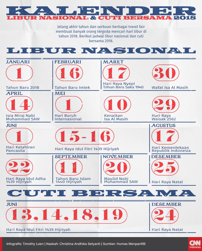 Bersiaplah untuk segera berlibur di tahun 2018. Pemerintah sudah mengeluarkan daftar libur nasional dan cuti bersama di tahun 2018.