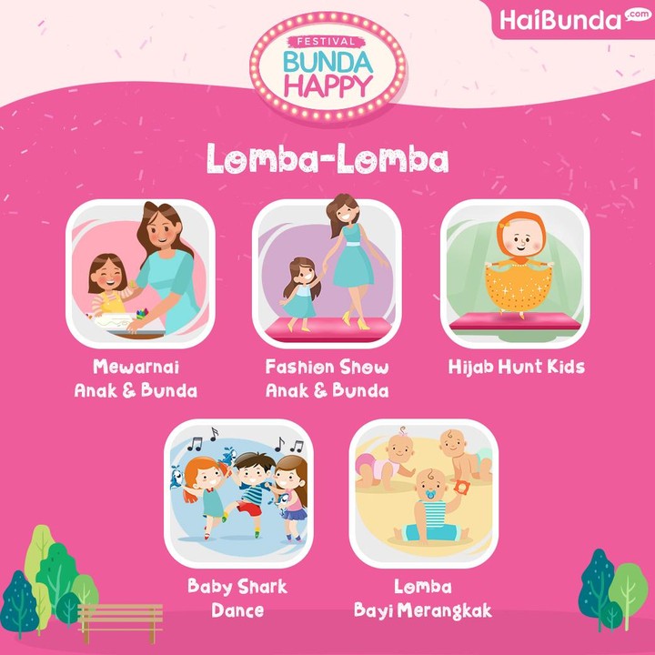 <p>Di hari Sabtu, 14 Oktober Bunda dan si kecil bisa ikut lomba mewarnai Bunda dan anak. Ada dua kategori dalam lomba ini yaitu kategori A untuk bunda dan anak usia di bawah 5 tahun dan kategori B untuk bunda dan anak umur 6-8 tahun. Mau berlenggak-lenggok bak model? Bunda dan si kecil yang umurnya maksimal 7 tahun bisa ikutan Lomba Fashion Show dengan pakaian bertema fun and colorful. Kalau di hari Minggu, 15 Oktober ada lomba Baby Shark Dance Challenge bareng keluarga atau anak sendiri selama tiga menit. Terus, ada Hijab Hunt Kids juga, Bun, untuk anak perempuan umur 4-6 tahun.</p>