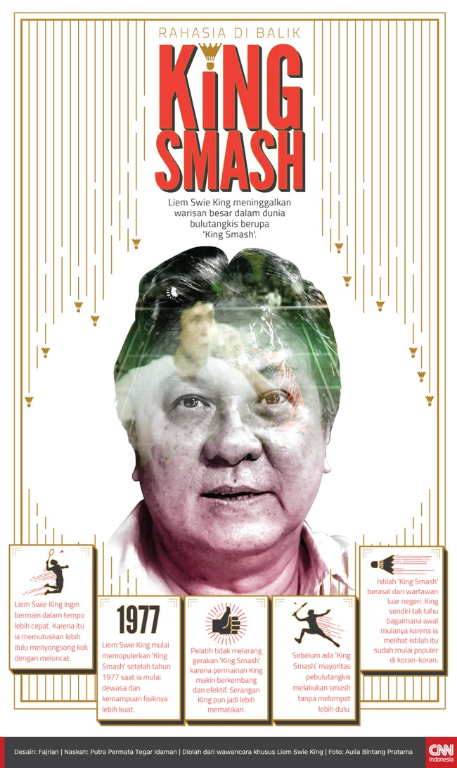 Liem Swie King meninggalkan warisan besar bagi bulutangkis dunia lewat gerakan King Smash yang kini jadi senjata andalan pebulutangkis di seluruh dunia.