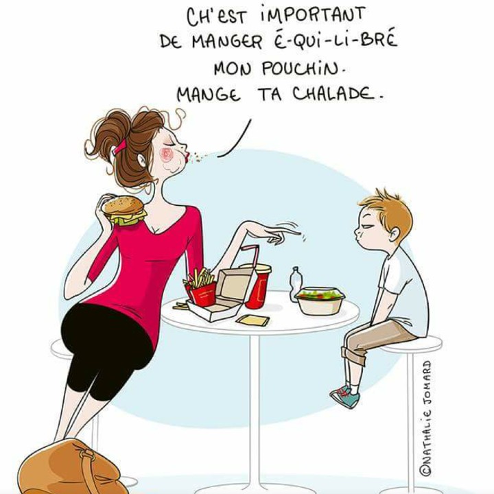 <p>Hayo, pernah kayak gini nggak, Bun? Nyuruh anak makan sehat tapi kitanya makan junk food. Hi-hi-hi. (Foto: Facebook/ Nathalie Jomard)</p>