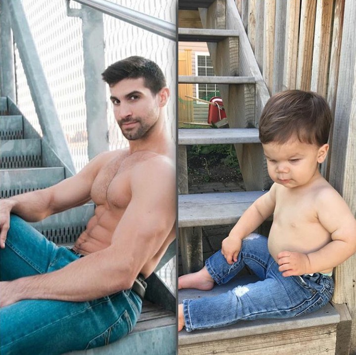 <p>Sama-sama pose bersandar, Bun. Tapi, yang satu dengan perut six pack, yang satu perutnya one pack. He-he-he.  (Foto: Instagram @babyandthebody)</p>