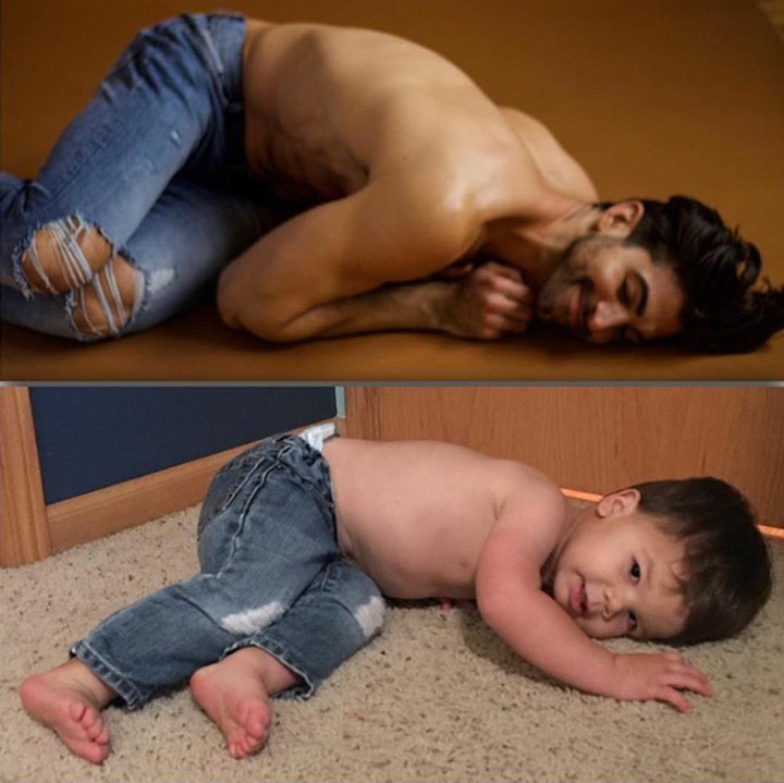 <p>Posenya sama, celana jeans-nya juga sama-sama belel, hi-hi-hi.  (Foto: Instagram @babyandthebody)</p>
