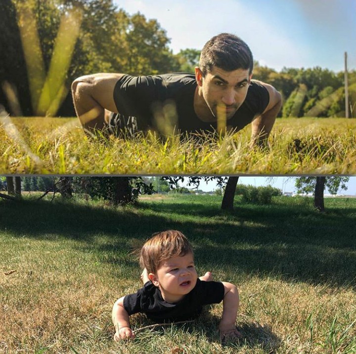 <p>Lagi pose push up di rerumputan, Augie si kecil nggak mau kalah sama pamannya, hi-hi-hi. (Foto: Instagram @babyandthebody)</p>