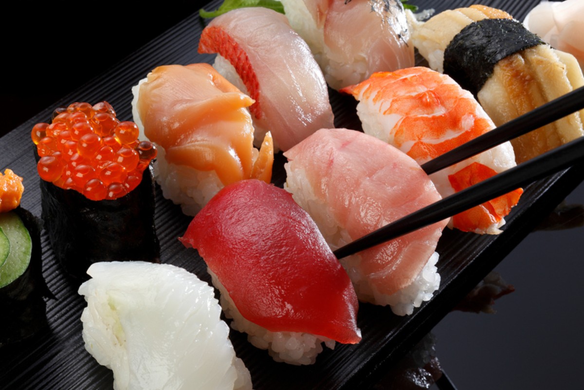 many tasty fresh japanese sushi with tuna&comma; caviar and shrimp