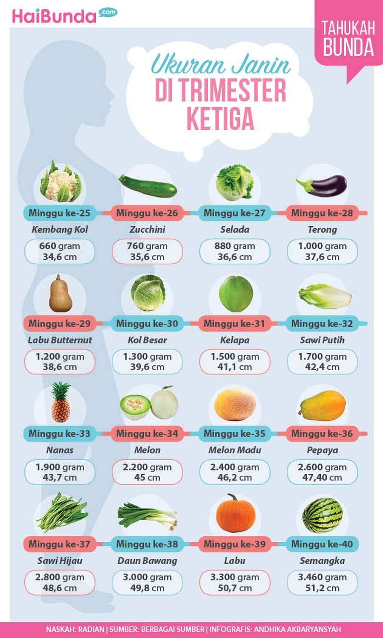 Ukuran dan Bentuk Janin di Trimester Ketiga Kehamilan Di trimester ketiga kehamilan, calon bayi sudah sebesar apa ya? Simak yuk di infografis berikut ini, Bun.