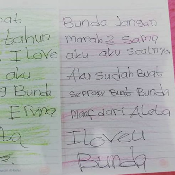 <p>"Bunda jangan marah sama aku, soalnya aku sudah buat 'seprasy' (surprise) buat Bunda. Maaf dari Aleta." (Foto: Instagram @lina_elcapucino)</p>
