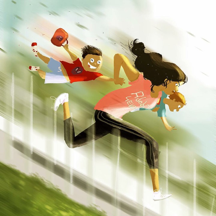 <div>Grabak-grubuk nganter anak sekolah supaya nggak telat. Hayo, siapa Bunda yang pernah ngalamin ini? Hi-hi-hi. (Foto: Instagram/pascalcampionart)</div>