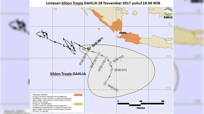 Siklon Tropis Dahlia diperkirakan akan menimbulkan hujan disertai angin kencang di Sumatera Barat hingga Lampung, Banten, DKI Jakarta dan Jawa Barat.