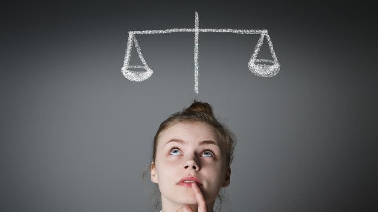 Young slim woman is full of doubts and hesitation. Scale.