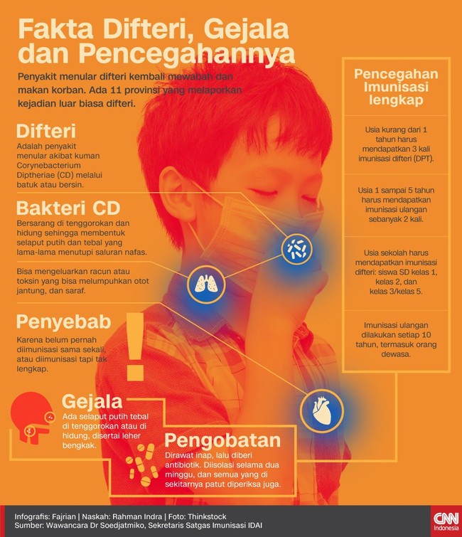Penyakit menular difteri kembali mewabah dan makan korban. Ada 11 provinsi yang melaporkan kejadian luar biasa difteri.