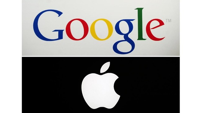 This combination of two file pictures made on May 17, 2014 shows Google's logo (top) during a press announcement at the Google headquarters in New York on May 21, 2012, and Apple's logo in Paris on January 27, 2010. Google and Apple, the two technology titans behind the world's top smartphone platforms, called a truce on May 16, 2014 in a long-running patent war. AFP PHOTO / EMMANUEL DUNAND / LOIC VENANCE / AFP PHOTO / EMMANUEL DUNAND AND LOIC VENANCE