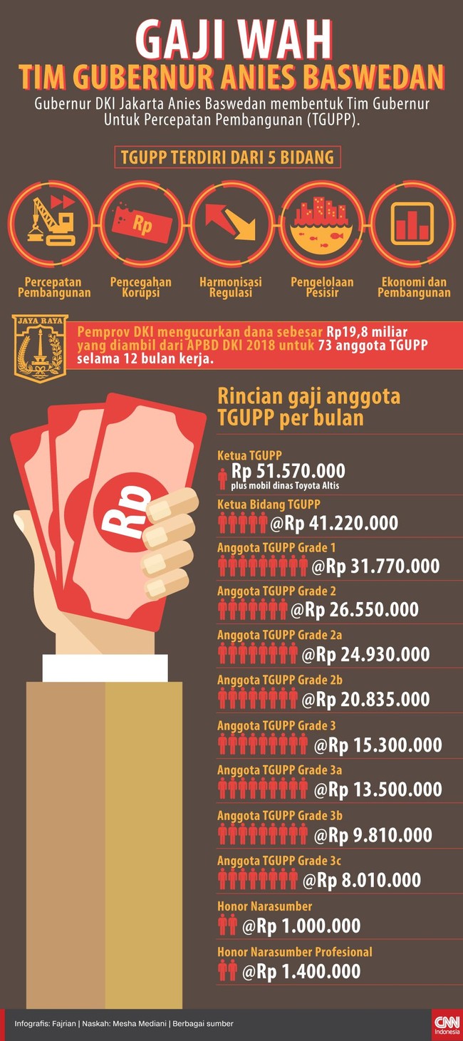 Gubernur DKI Jakarta Anies Baswedan membentuk Tim Gubernur Untuk Percepatan Pembangunan (TGUPP). TGUPP terdiri dari 5 bidang yang akan bekerja membantu Anies.