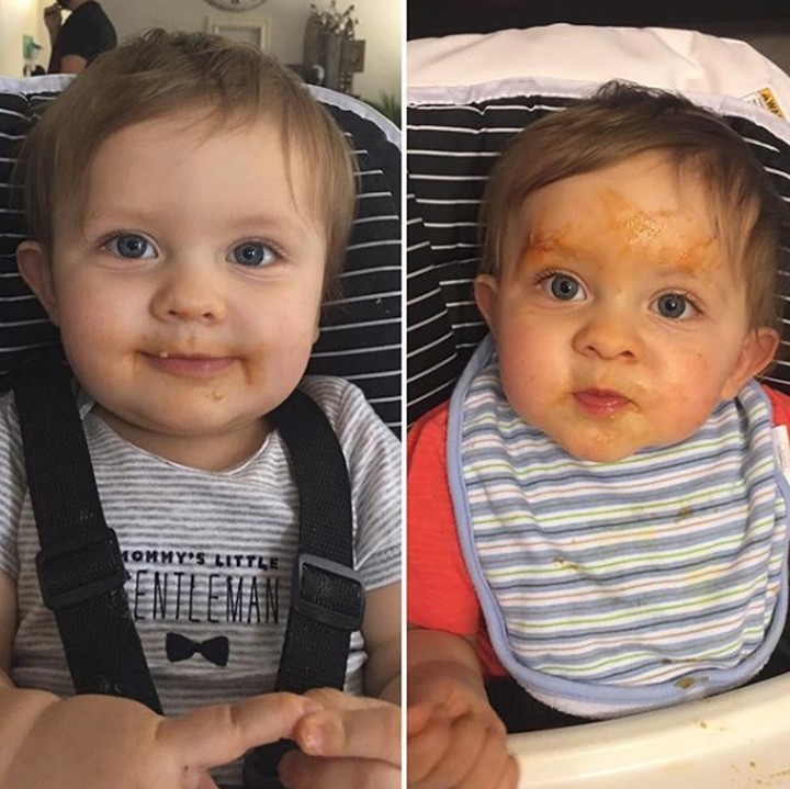 <p>Saat ibu menyuapi spaghetti dan saat ayah menyuapi spaghetti. (Foto: Instagram @britterbugg1711)</p>