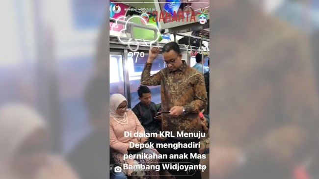 Gubernur DKI Jakarta Anies Baswedan mengunggah video dirinya bersama dengan istri, menggunakan KRL menuju acara pernikahan di akun resmi instagramnya.