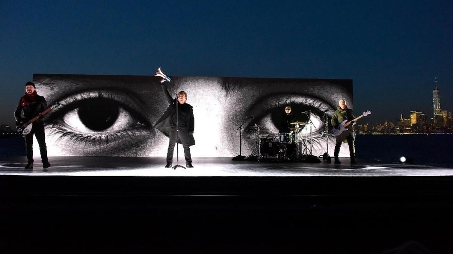 NEW YORK, NY - JANUARY 28:  Recording artists The Edge, Bono, Larry Mullen Jr and Adam Clayton of U2 perform remotely during the 60th Annual GRAMMY Awards at Madison Square Garden on January 28, 2018 in New York City.  (Photo by Eugene Gologursky/Getty Images for NARAS)
