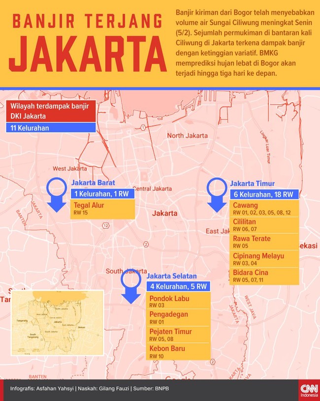 BNPB mencatat, terdapat 11 kelurahan di Jakarta yang menjadi wilayah terdampak banjir akibat luapan Kali Ciliwung, Senin (5/1)
