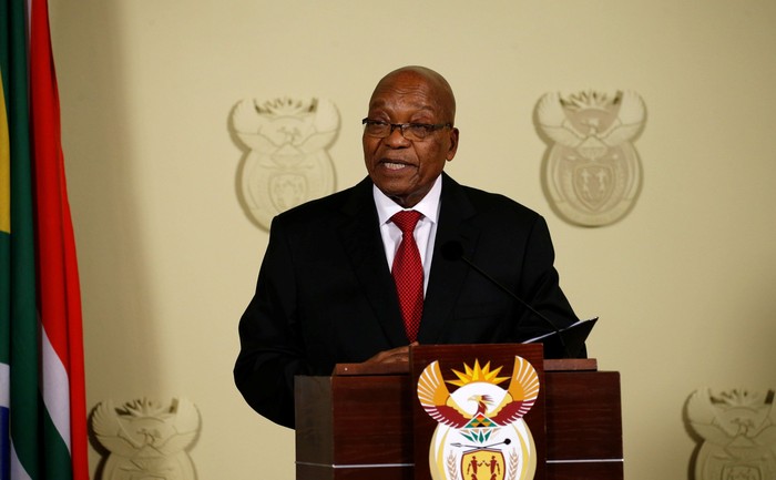 South Africa's President Jacob Zuma looks down as he speaks at the Union Buildings in Pretoria, South Africa, February 14, 2018. REUTERS/Siphiwe Sibeko     TPX IMAGES OF THE DAY