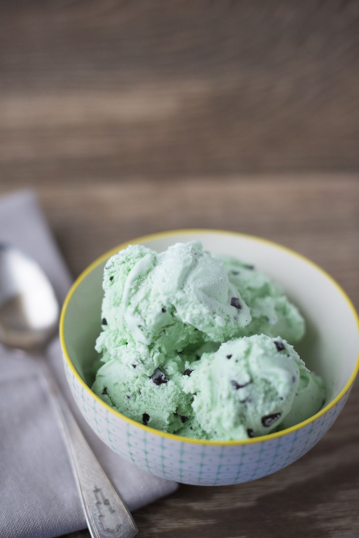 A delicious bowl of mint chocolate chip ice cream.