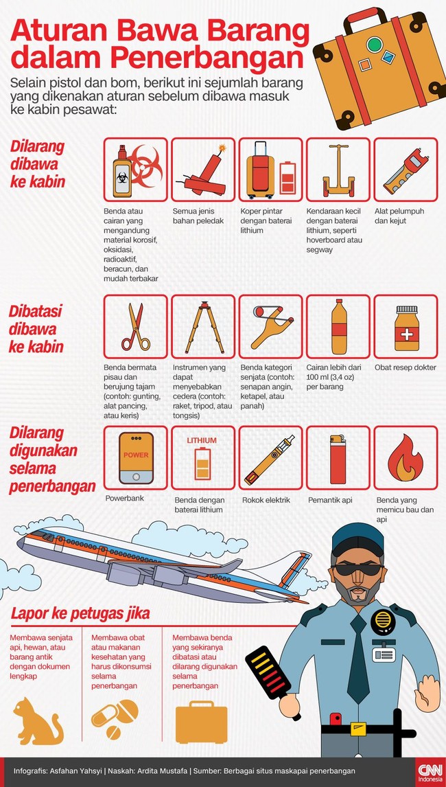 Selain pistol dan bom, berikut ini sejumlah barang yang dikenakan aturan sebelum dibawa masuk ke kabin pesawat.