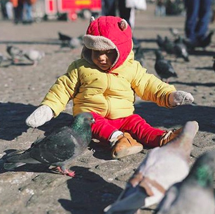<p>Begini ekspresi Kawa waktu ngasih makan merpati. (Foto: Instagram/ @andienaisyah)</p>