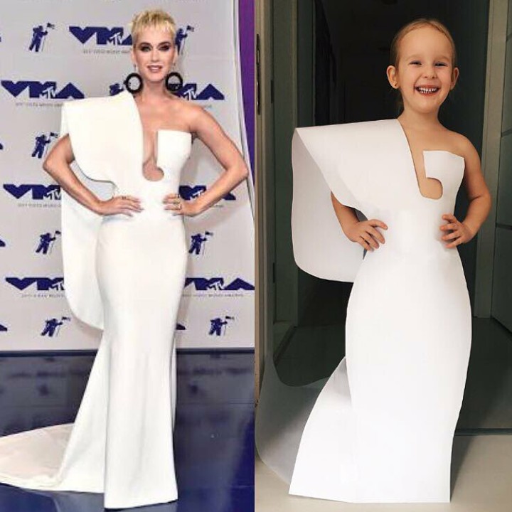 <p>Meskipun semuanya dari bahan yang didapat dari rumah, Stefani tetap cantik dengan gaun kreasi ibunya. Kali ini dia mencontoh gaun Katy Perry. (Foto: Instagram @seasunstefunny)</p>