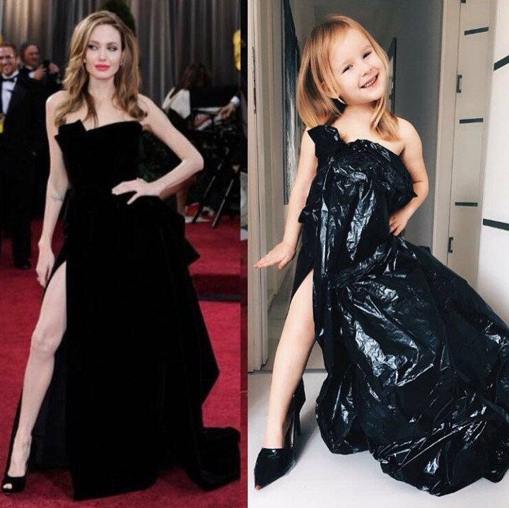 <p>Meski pakai plastik trashbag, kamu sama cantiknya dengan Angelina Jolie kok, Nak. (Foto: Instagram @seasunstefunny)</p>