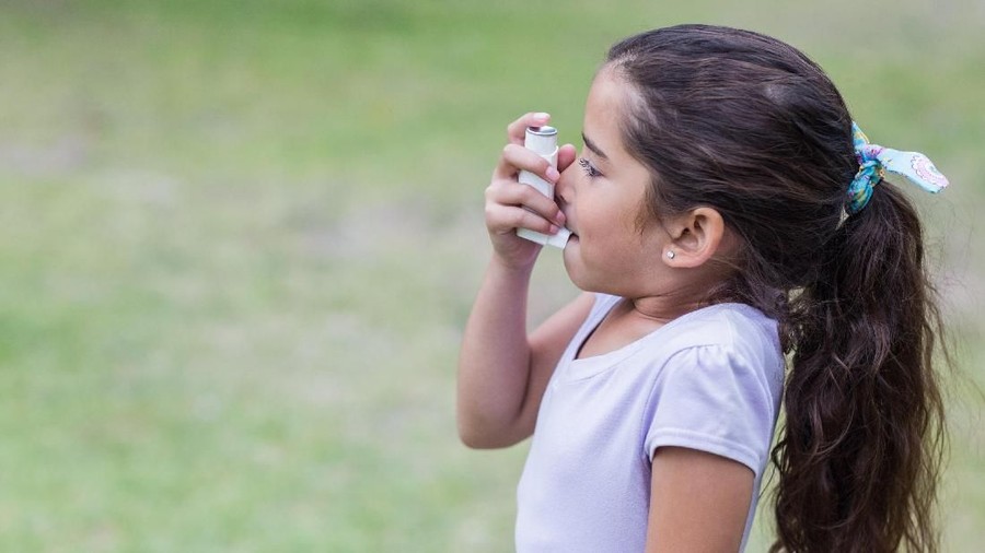 Little girl using his inhaler on a sunny day