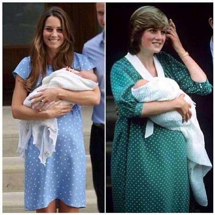 <p>Sementara gaun bermotif polkadot yang dipakai Kate Middleton ini disebut mirip dengan gaun yang dikenakan Putri Diana usai melahirkan Pangeran William. (Foto: Dok. Getty Images)</p>